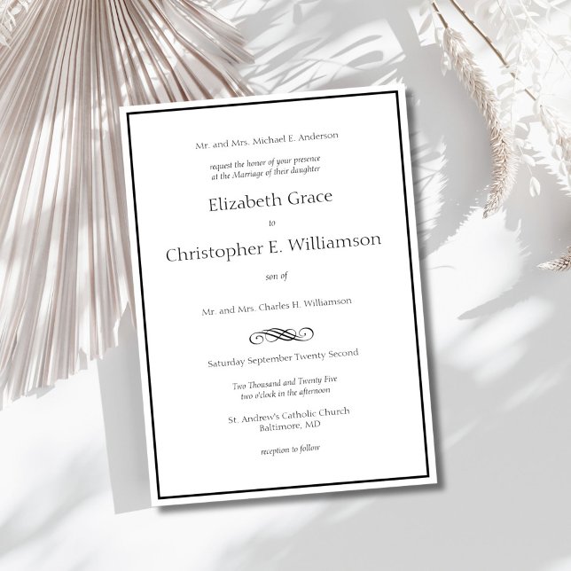 Invitación Boda formal mínimo moderno de borde blanco negro (Black border minimalist traditional classic formal, both parents elegant wedding invitation)