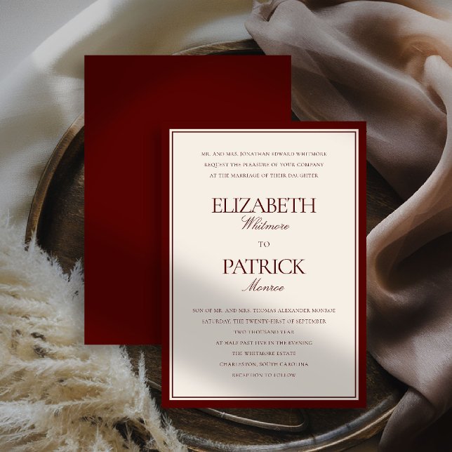 Invitación Boda Formal Moderna Clásica de Profundo Burdeos en (deep burgundy wedding invitation quiet luxury old money double frame formal modern classic parents)