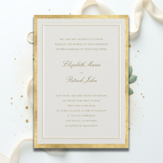 Invitación Boda Formal Moderna Clásica Elevada Dorada Crema (formal traditional wedding invitation modern classic double frame gold ballroom black tie ecru)