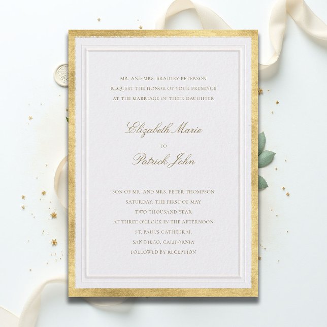 Invitación Boda Formal Moderna Clásica Elevada Perla Dorada (formal traditional wedding invitation modern classic double frame gold pearl white ballroom tux)