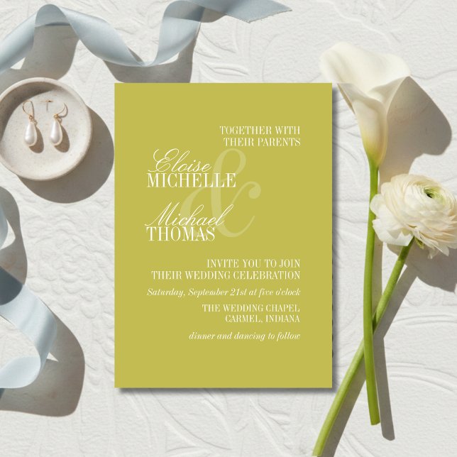 Invitación Boda Formal Moderna con Letra Chartreuse (Modern Script Sage Green Formal Wedding Invitation)