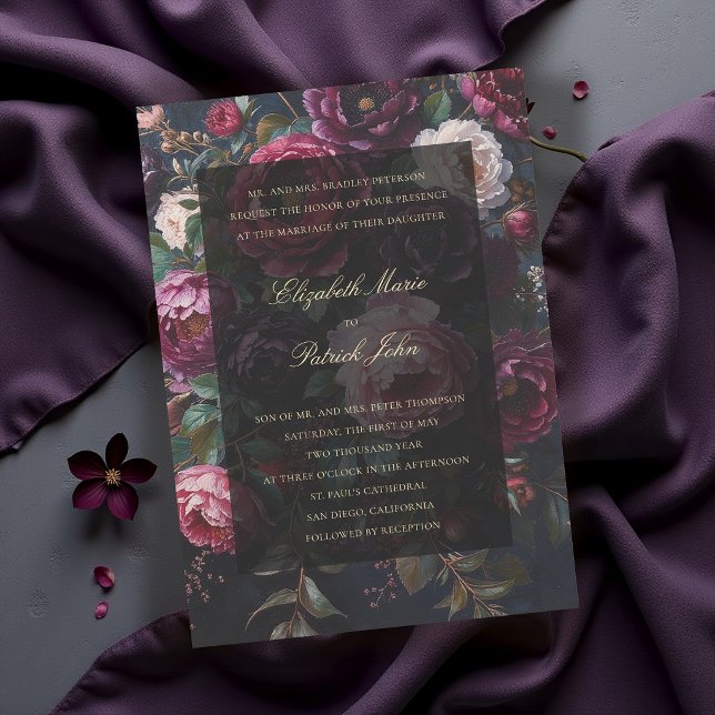 Invitación Boda Formal Moderno Clásico Romántico Oscuro (burgundy wedding invitation moody dark painterly frame parents host elegant modern classic romantic)