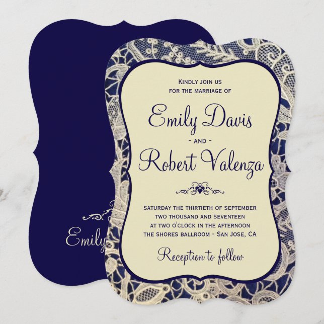 Invitación Boda formal moderno de la Marina Real Ivory Lace (Anverso / Reverso)