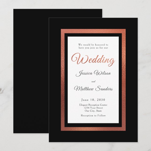 Invitación Boda formal moderno negro y cobre elegante (Anverso / Reverso)