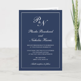 Invitación Boda formal monograma azul minimalista elegante de