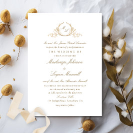 Invitación Boda formal monograma blanco y dorado elegante