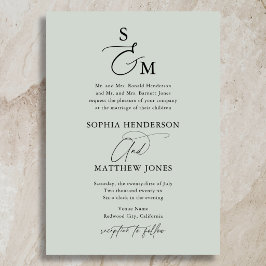 Invitación Boda Formal Monograma Caligrafía Verde Salvia
