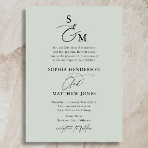 Invitación Boda Formal Monograma Caligrafía Verde Salvia