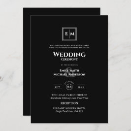 Invitación Boda formal monograma clásico negro todo en 1