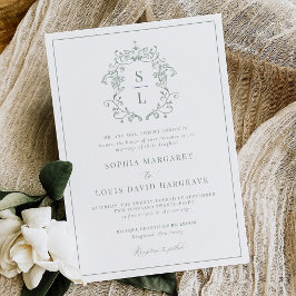 Invitación Boda Formal Monograma Cresta Barroca Verde Salvia