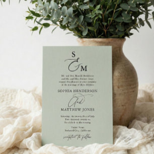Invitación Boda formal monograma de caligrafía verde sabio