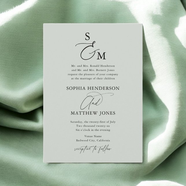 Invitación Boda formal monograma de caligrafía verde sabio (Subido por el creador)