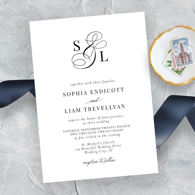Invitación Boda formal monograma de guión elegante (Subido por el creador)