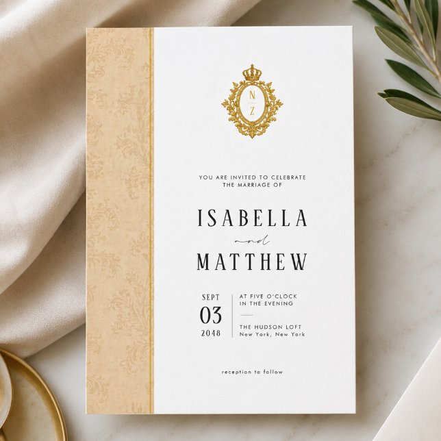 Invitación Boda Formal Monograma de la Cresta Dorada con Hoja (Subido por el creador)