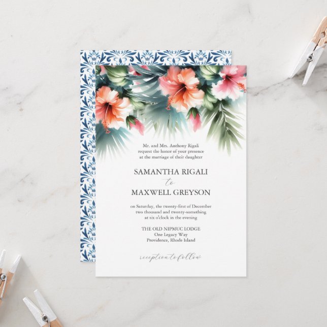 Invitación Boda formal Naranja y rosa floral tropical (Anverso/Reverso In Situ)