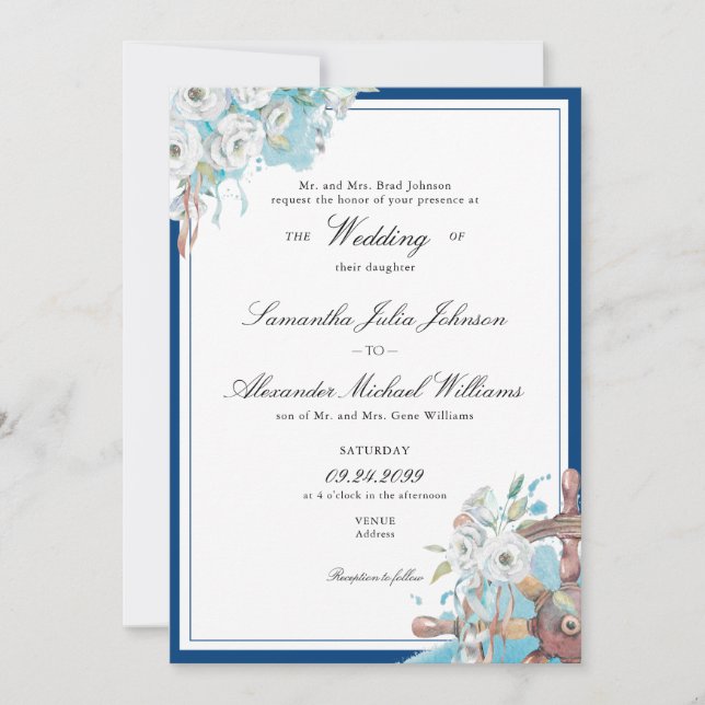 Invitación Boda formal Nautical Floral & White (Anverso)
