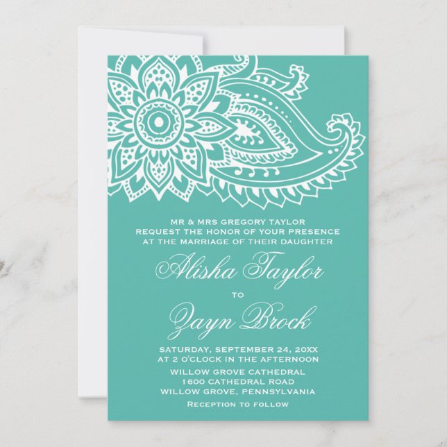 Invitación Boda formal Paisley indio verde azulado (Anverso)