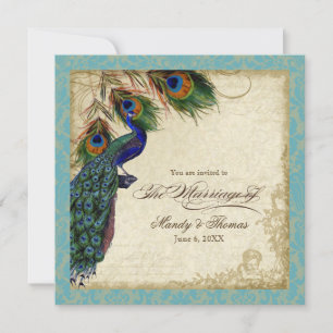 Invitación Boda formal Peacock & Feathers Invita a Aqua Blue