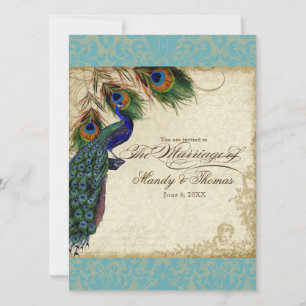 Invitación Boda formal Peacock & Feathers Invita a Aqua Blue