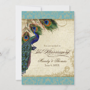 Invitación Boda formal Peacock & Feathers Invita a Aqua Blue