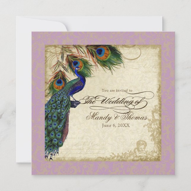Invitación Boda formal Peacock & Feathers Invitan a Lavanda (Anverso)