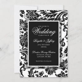 Invitación Boda formal personalizada de damasco blanco y negr