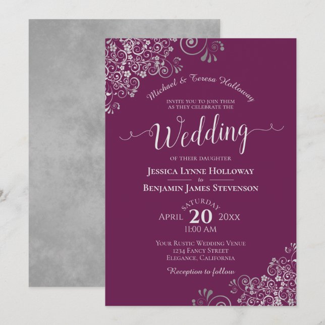 Invitación Boda formal púrpura de Cassis Elegante de encaje p (Anverso / Reverso)
