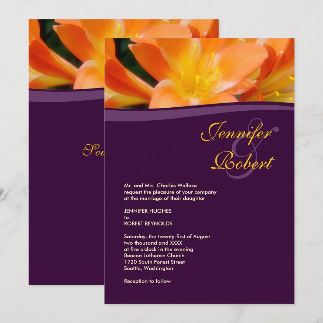 Invitación Boda formal púrpura y Naranja (Anverso / Reverso)