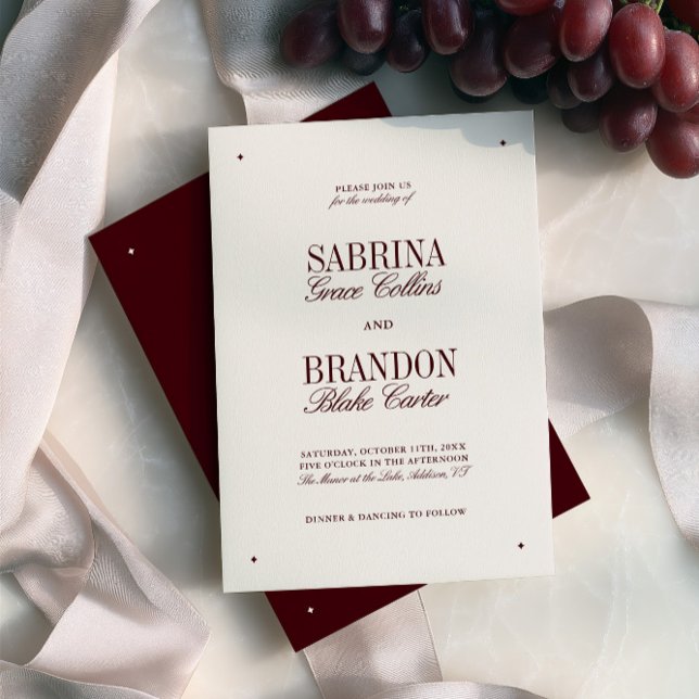 Invitación Boda formal retro elegante de Borgoña y Marfil (Retro Elegant Burgundy & Ivory Formal Wedding Invitation)