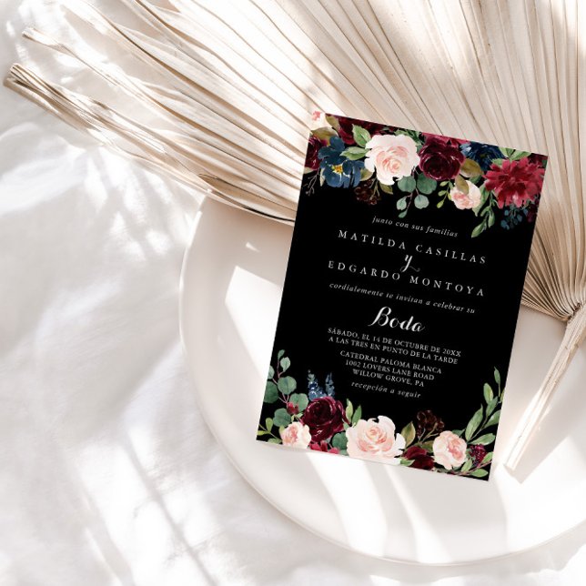 Invitación Boda formal rústico negro botánico español (Subido por el creador)