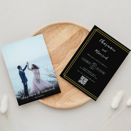 Invitación Boda formal simple de borde dorado negro y blanco