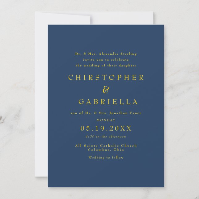 Invitación Boda Formal Simple de Marina y Oro (Anverso)