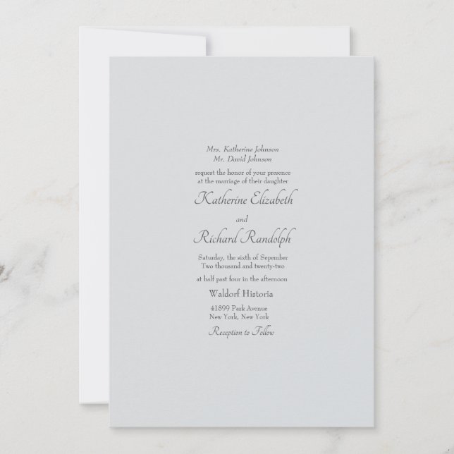 Invitación Boda formal simple gris claro de un lugar mate (Anverso)