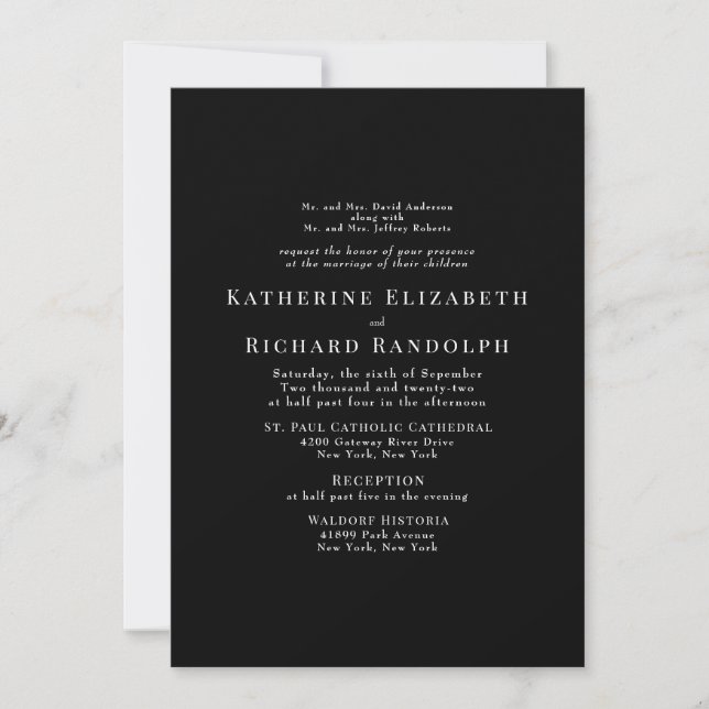 Invitación Boda Formal Simple Negra 2 Lugar (Anverso)
