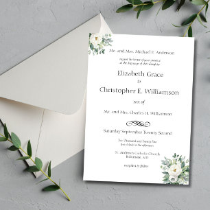 Invitación Boda Formal Tradicional con Flores Blancas y Verdo