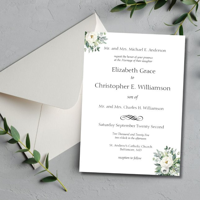 Invitación Boda Formal Tradicional con Flores Blancas y Verdo (White Floral Greenery Wedding Invitation Elegant Traditional Formal Classic Grooms parents names)