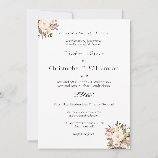 Invitación Boda Formal Tradicional con Vegetación Floral Rosa (Anverso)