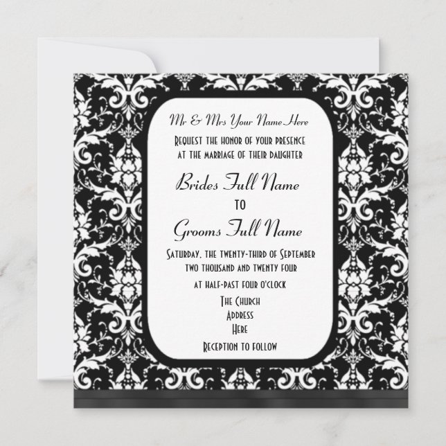 Invitación Boda formal tradicional de damasco blanco y negro (Anverso)
