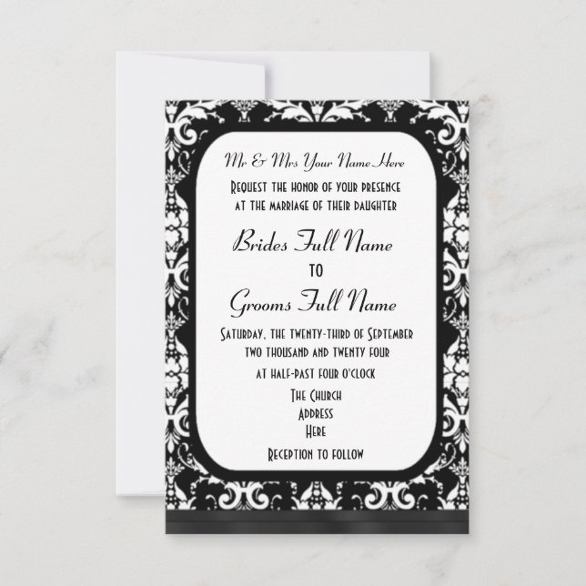 Invitación Boda formal tradicional de damasco blanco y negro (Anverso)