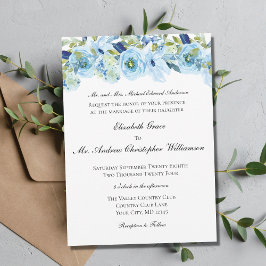 Invitación Boda Formal Tradicional Elegante Floral Azul