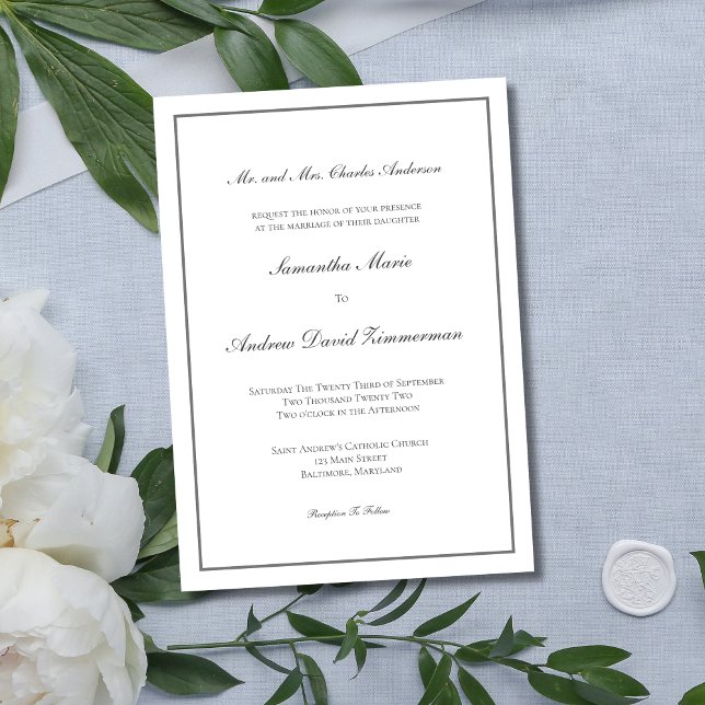 Invitación Boda Formal Tradicional Elegante Gris Plateado (Silver Gray Traditional Classic Formal Wedding Invitation)