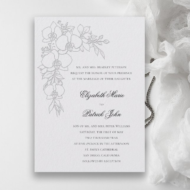 Invitación Boda Formal Tradicional Ivory con Guirnalda de Orq (orchid wedding invitation ivory garland formal modern classic traditional black tie parents hosting)