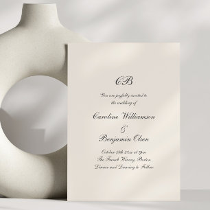 Invitación Boda Formal Tradicional Monograma Marfil Negro