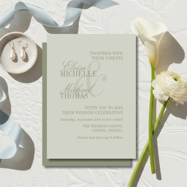Invitación Boda Formal Verde Sage Escritura Moderna (Modern Script Sage Green Formal Wedding Invitation)