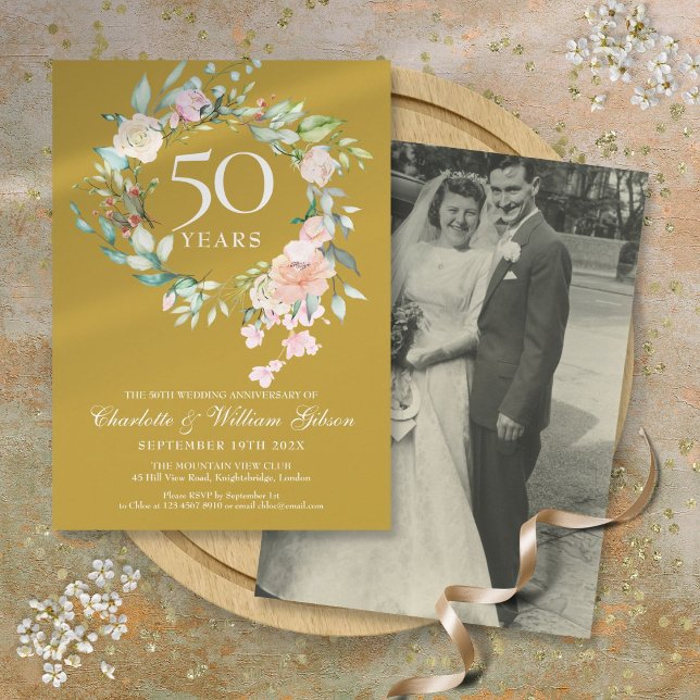 Invitación Boda Foto 50 Aniversario Dorado Floral (Wedding Photo 50th Golden Anniversary Floral Invitation)
