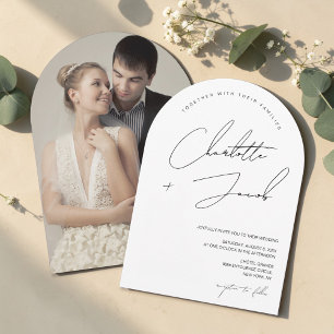 Invitación Boda Foto Arco Escritura Minimalista Blanco Negro