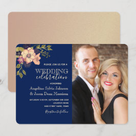 Invitación Boda Foto Azul Marino Rosa Floral Rústica