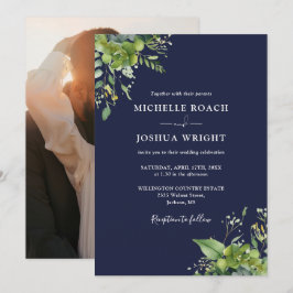 Invitación Boda Foto Azul Marino Verde Eucalipto