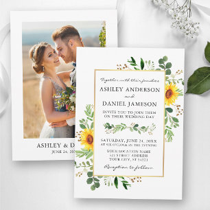 Invitación Boda Foto Bodas Girasoles Verde Acuarela Dorado