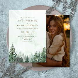 Invitación Boda Foto Bosque De Pino A La Acuarela Rústica